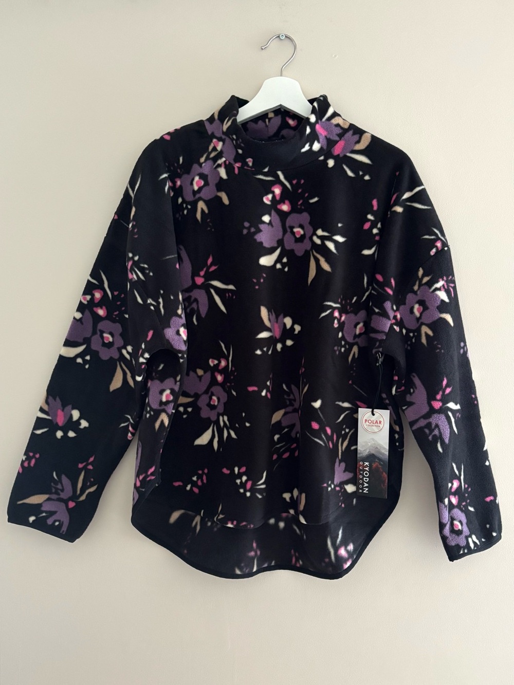NWT Kyodan Black Floral Mock Neck Fleece Pullover Sweater Size XL High-Low Hem